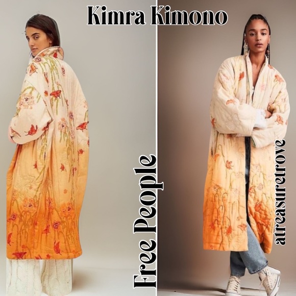 Free People Jackets & Blazers - 🥳HP Free People Kimra Kimono XS S Orange Floral Butterfly Quilt Ombre Long Coat